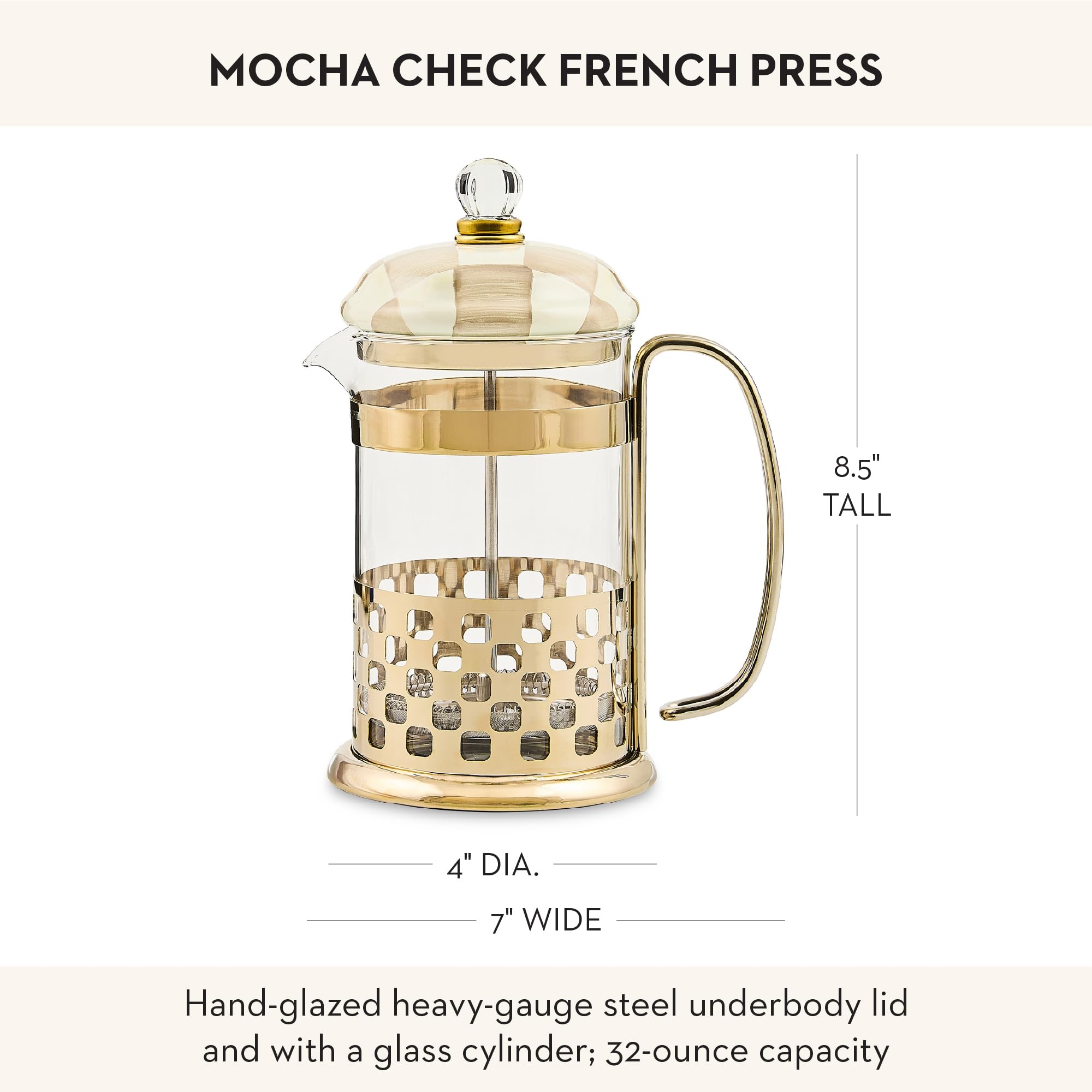 MACKENZIE-CHILDS Coffee French Press, Glass French-Press Coffee Maker, 32-Ounce Capacity, Brown-and-White Mocha Check - 5