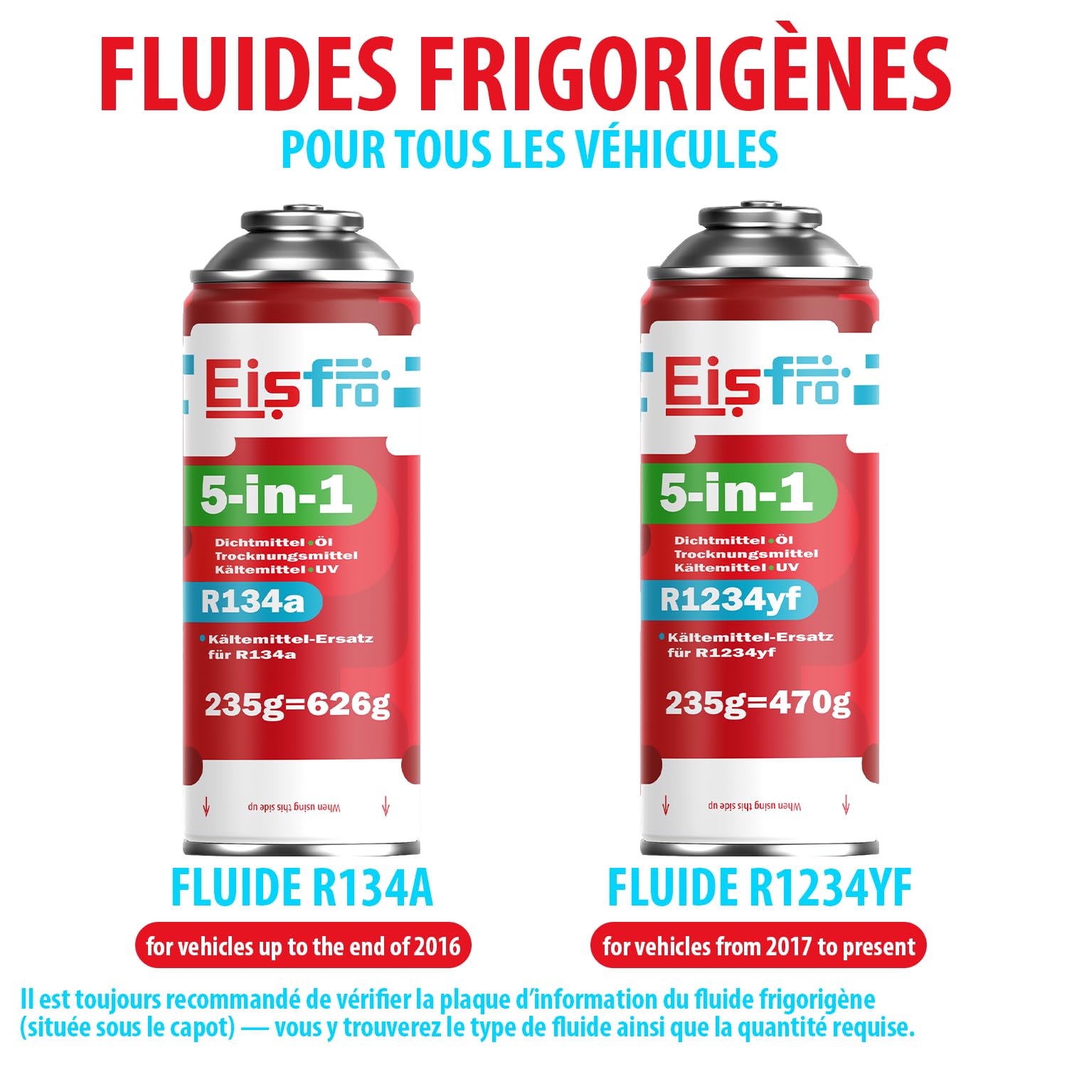 5-en-1 : Réfrigérant R134a + Flexible, 2 x 235 G pour Climatisation Automobile avec Huile, Additif d'Étanchéité, Colorant UV, Agent Déshydratant – Protège Le Compresseur