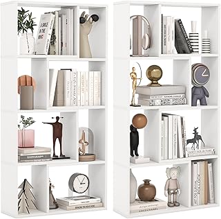 Tangkula 5 Tier Geometric Bookshelf, 48”H Freestanding 8-Cube Open Bookcase, Wooden Storage Display Shelf, 2 Anti-Toppling Devices, 8 Cubes Home Office Decor Room Divider for Living Room (2, White)