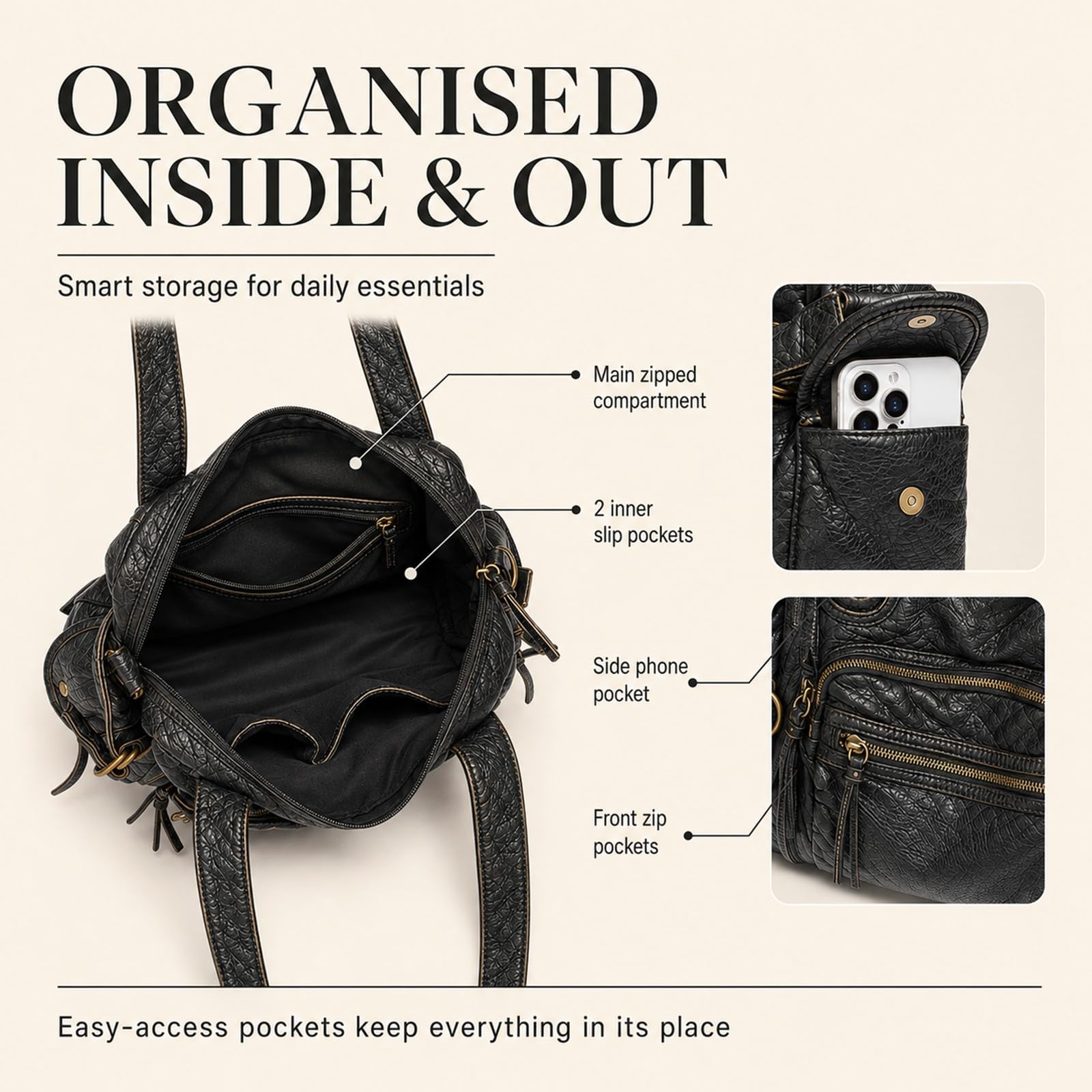 Bolso Mujer Grande, Tote Bag Vintage en Cuero PU, City Bag para Viaje