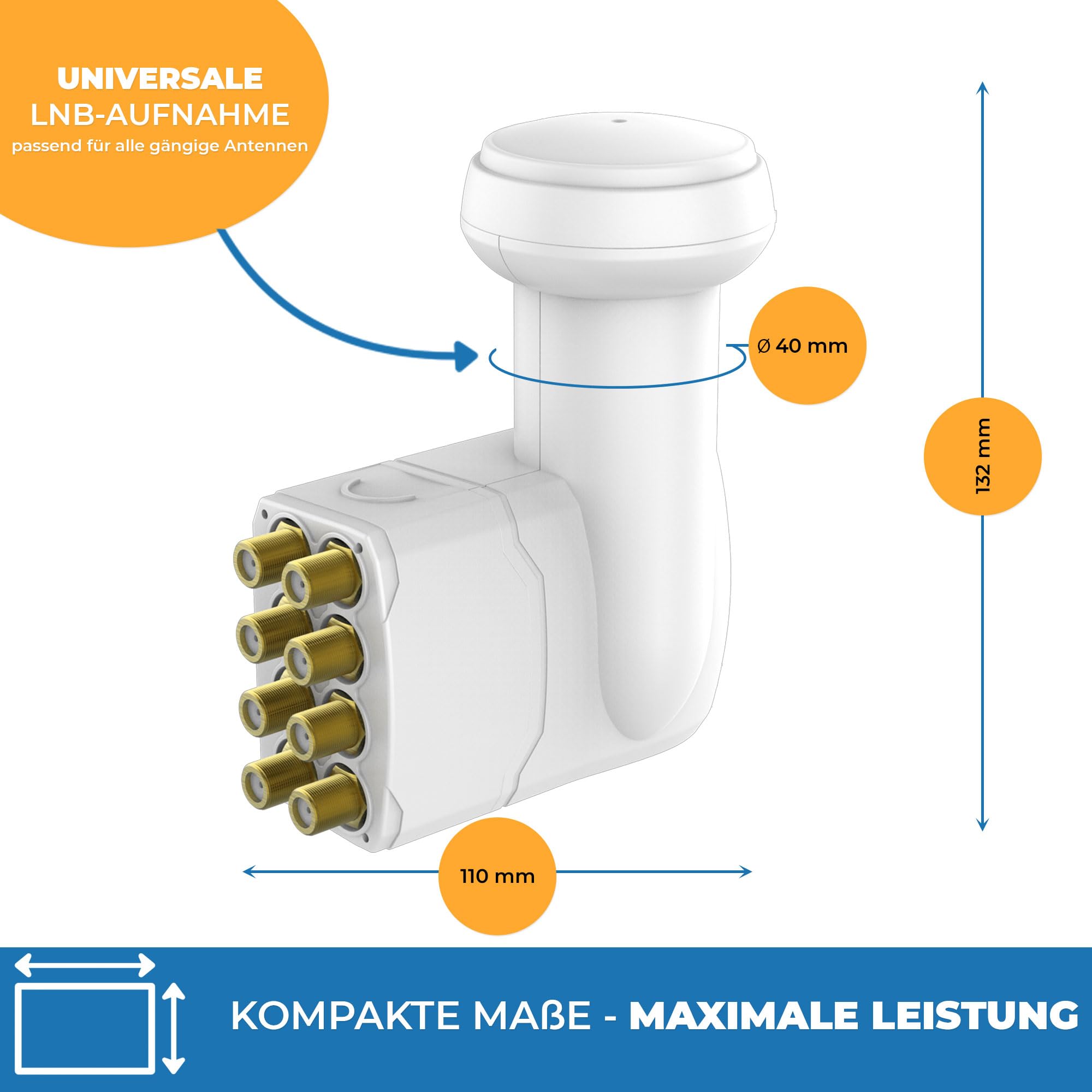 Premium X Octo LNB Collegamento Diretto Bianco 8 utenti Ricevitore Convertitore di Segnale TV satellitare HD 4K incl. 16x F-Plug in Oro con Anello di Tenuta