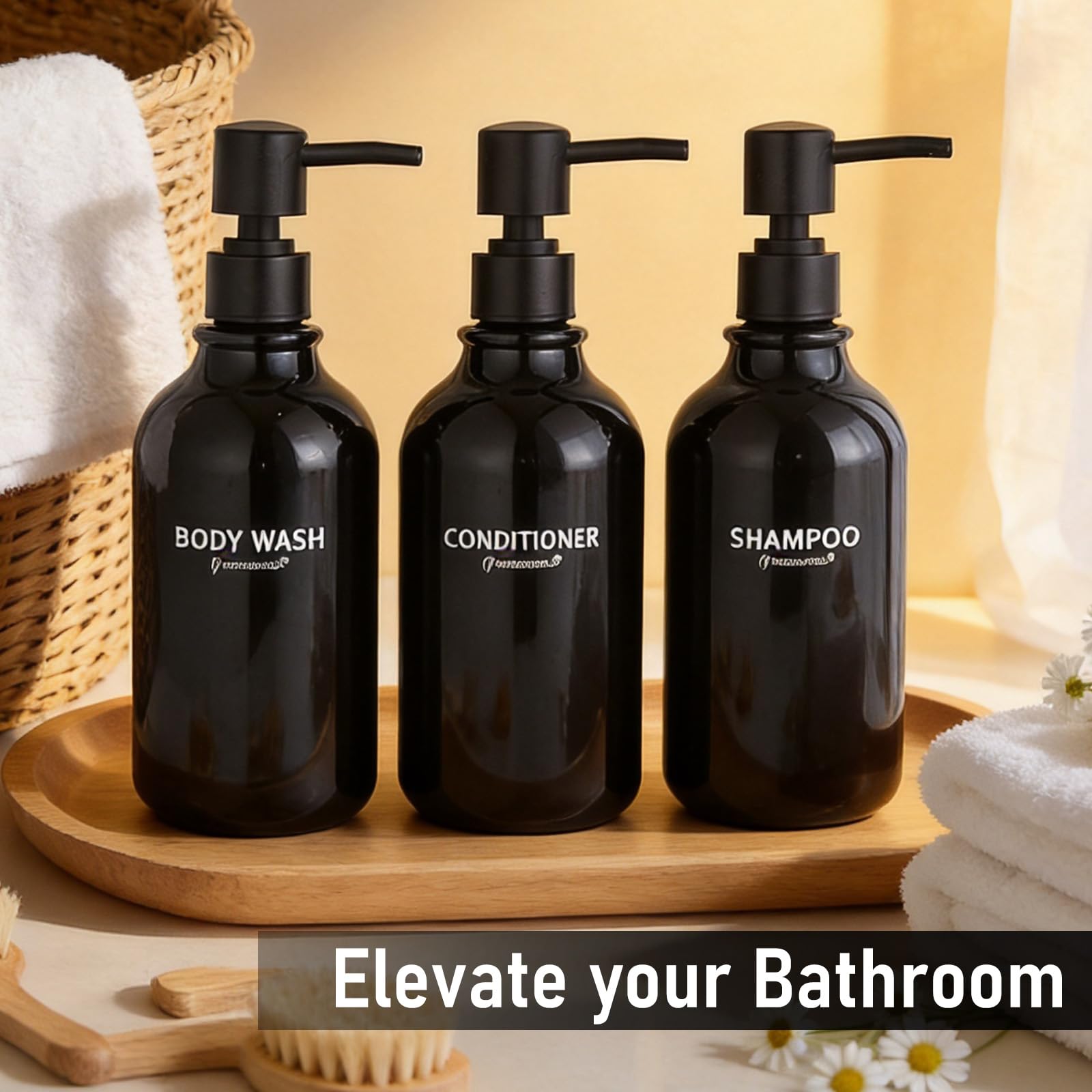 MODUNFUL Hand and Dish Soap Dispenser Set of 3 for Kitchen & Bathroom, Black Light Bottle & Black Pump, 3 Pcs - Image 8