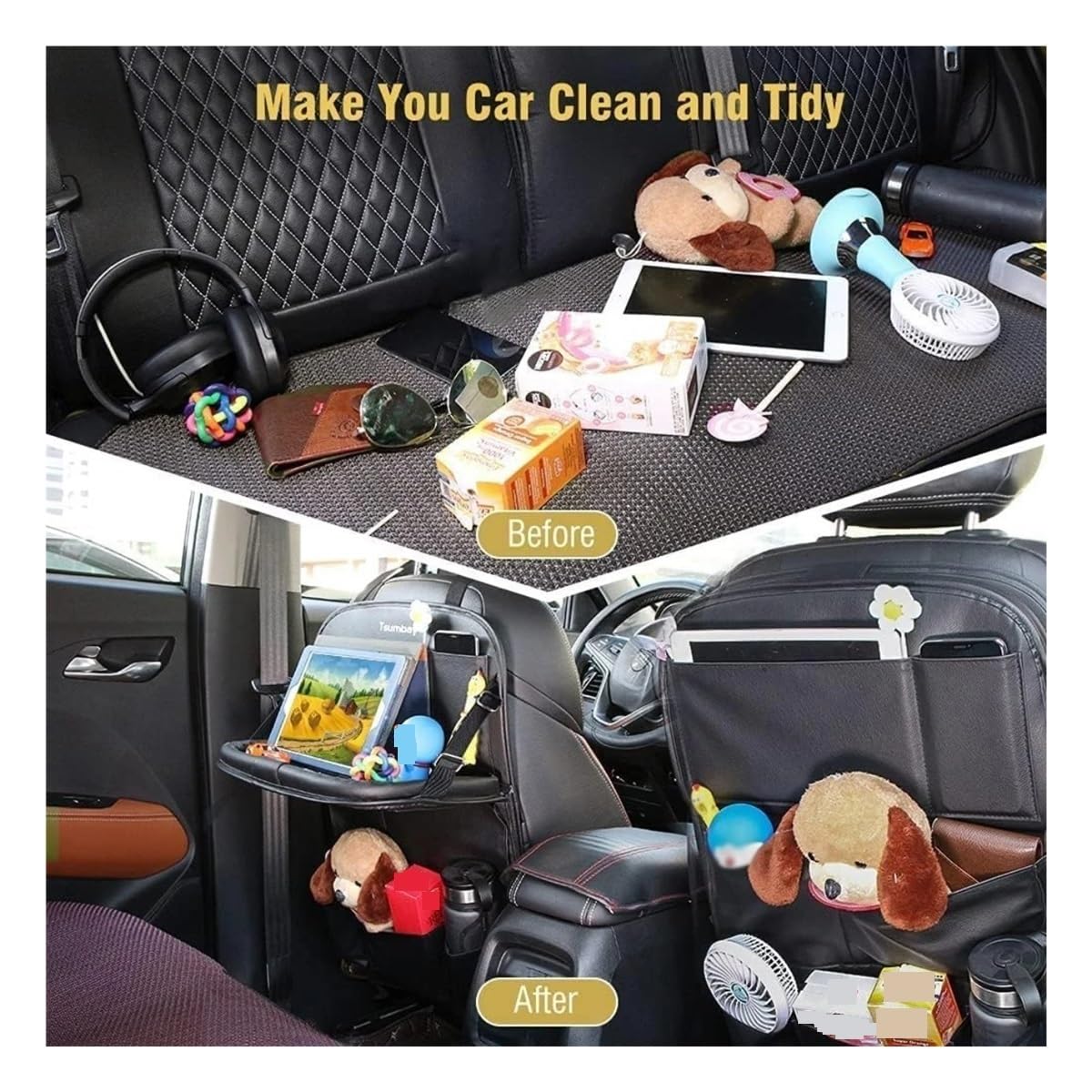 Bigbibi Organizer for Auto Multitasche Impermeabile con Vassoio Pieghevole(Beige with Pallet)