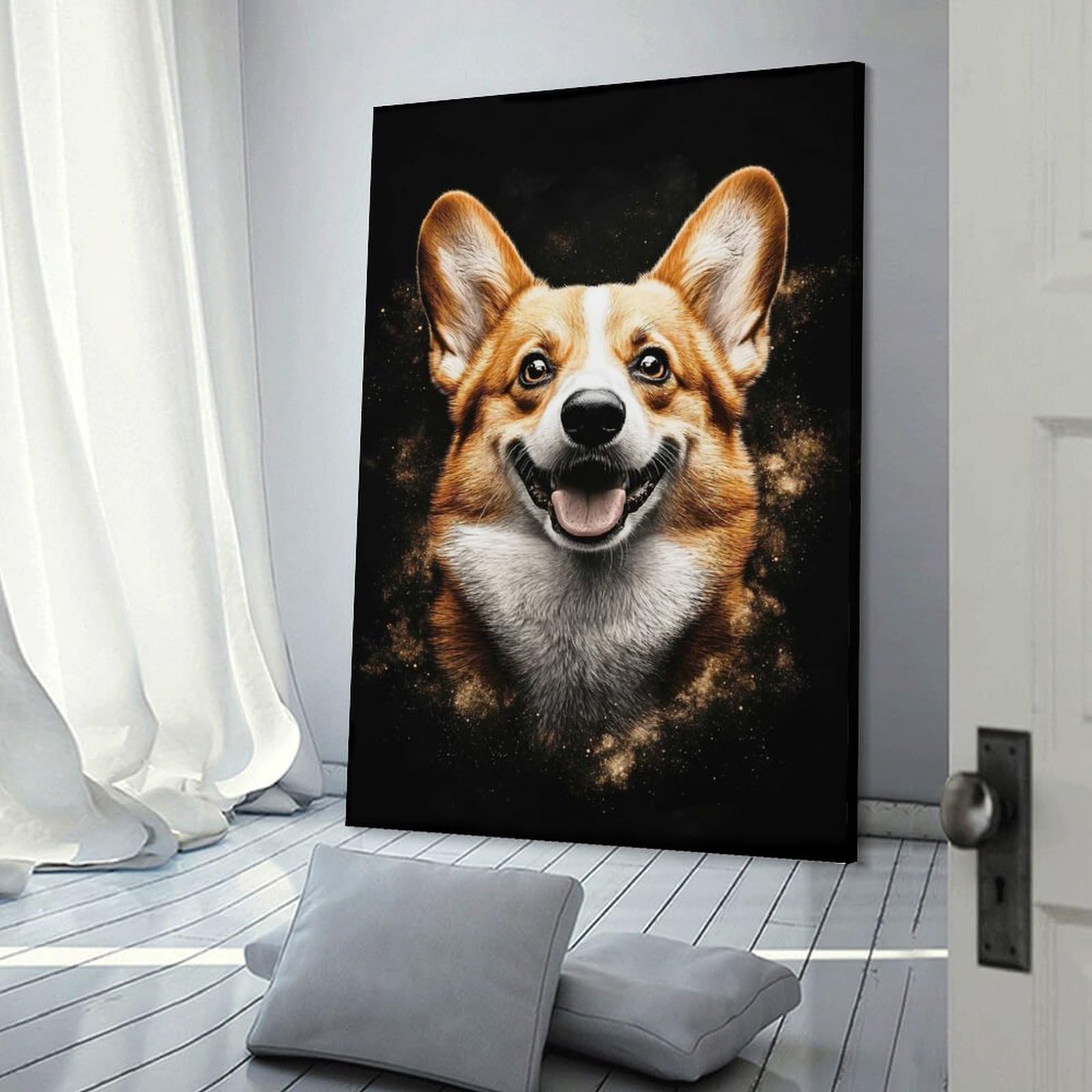Junmoney Happy Corgi Dog Portrait Poster, Picture, Metal Print, Paint by Creed Wall Decor Canvas Print, 24x36inch(60x90cm), for Living Room, Lounge Or Sitting Room, Easy Decor for Gallery Walls