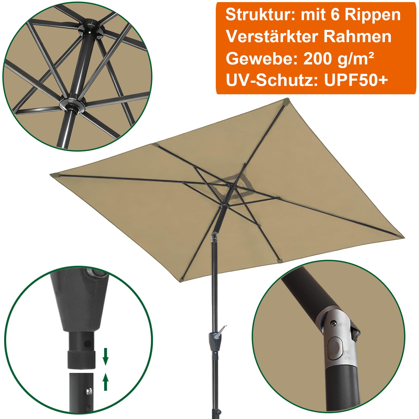 RANSENERS Kippbar Sonnenschirm Rechteckig 200 x 300 cm, Beidseitig um 30° Knickbar, Kurbel öffnen & Schließen, UV50+, für Garten, Terrasse, Balkon, Cafe im Freien
