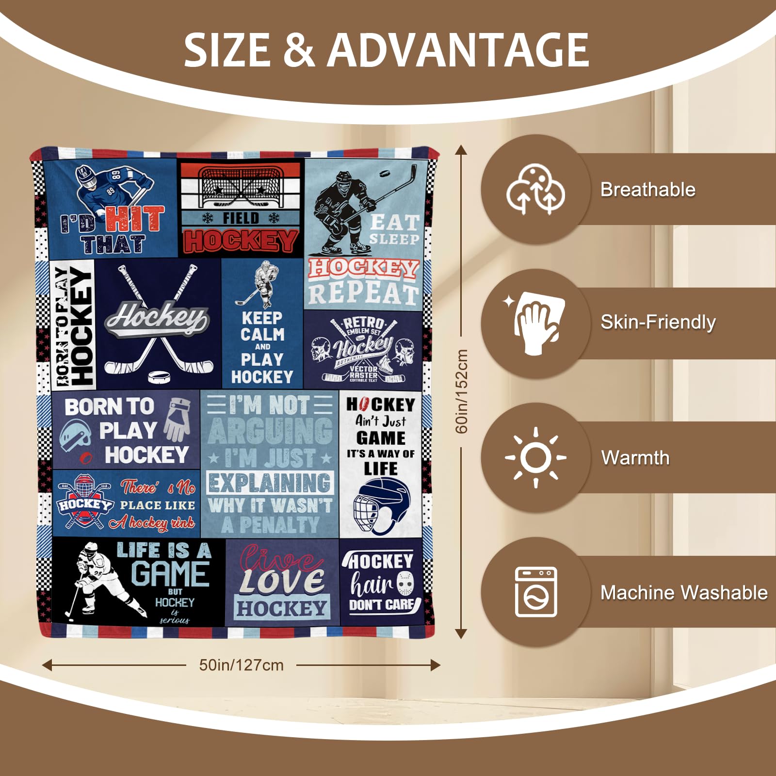 Yasrlvun Ice Hockey Gifts Hockey Gifts for Boys 50 x 60 In Hockey Throw Blanket Cozy Warm Ice-Hockey Throw Blanket Christmas Field-Hockey Gift for Boy Girl - Image 3