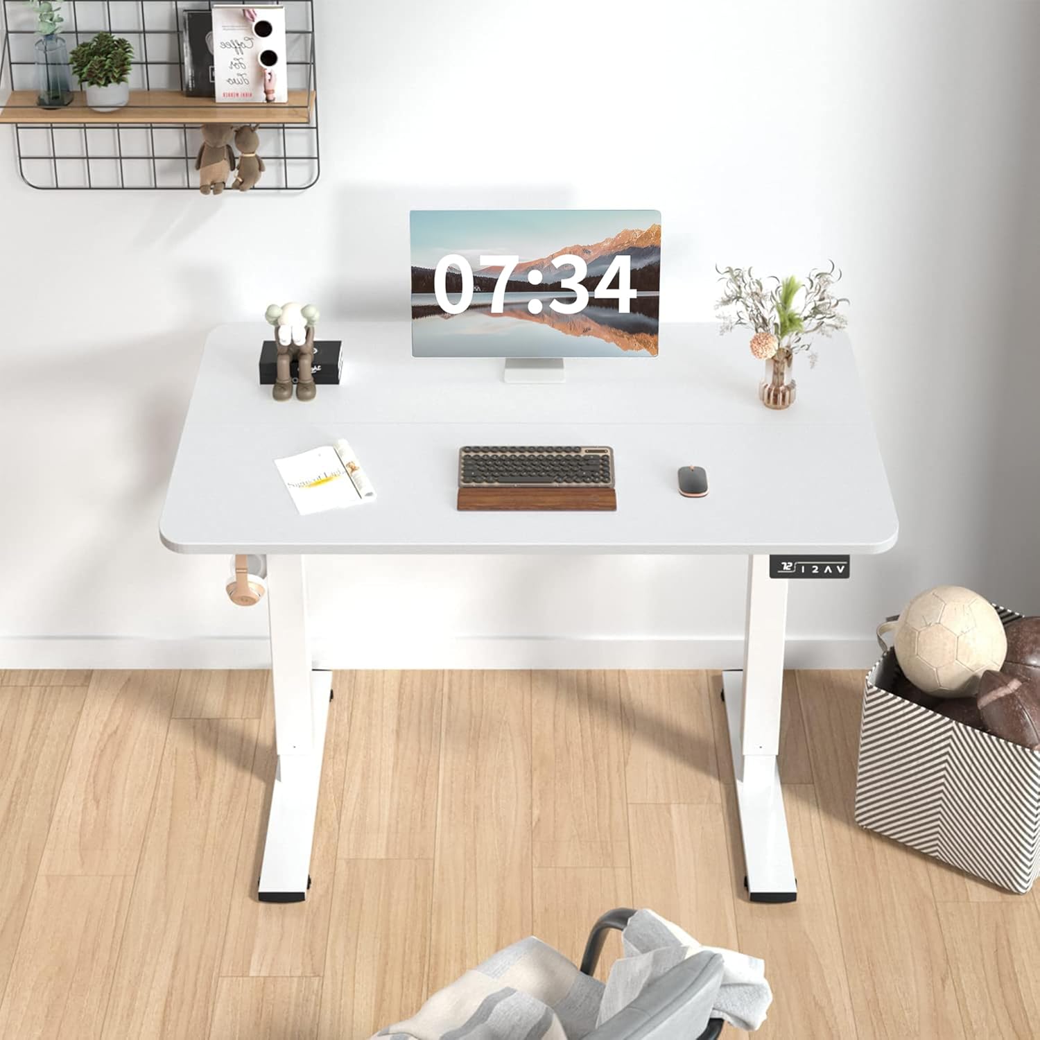 GUNJI Electric Standing Desk Height Adjustable 40 x 24 Inch Memory Sit Stand up Desk Large Home Office Computer Desk with Headphone Hook & Metal T-Shaped Leg (White, 40 * 24 Inch)