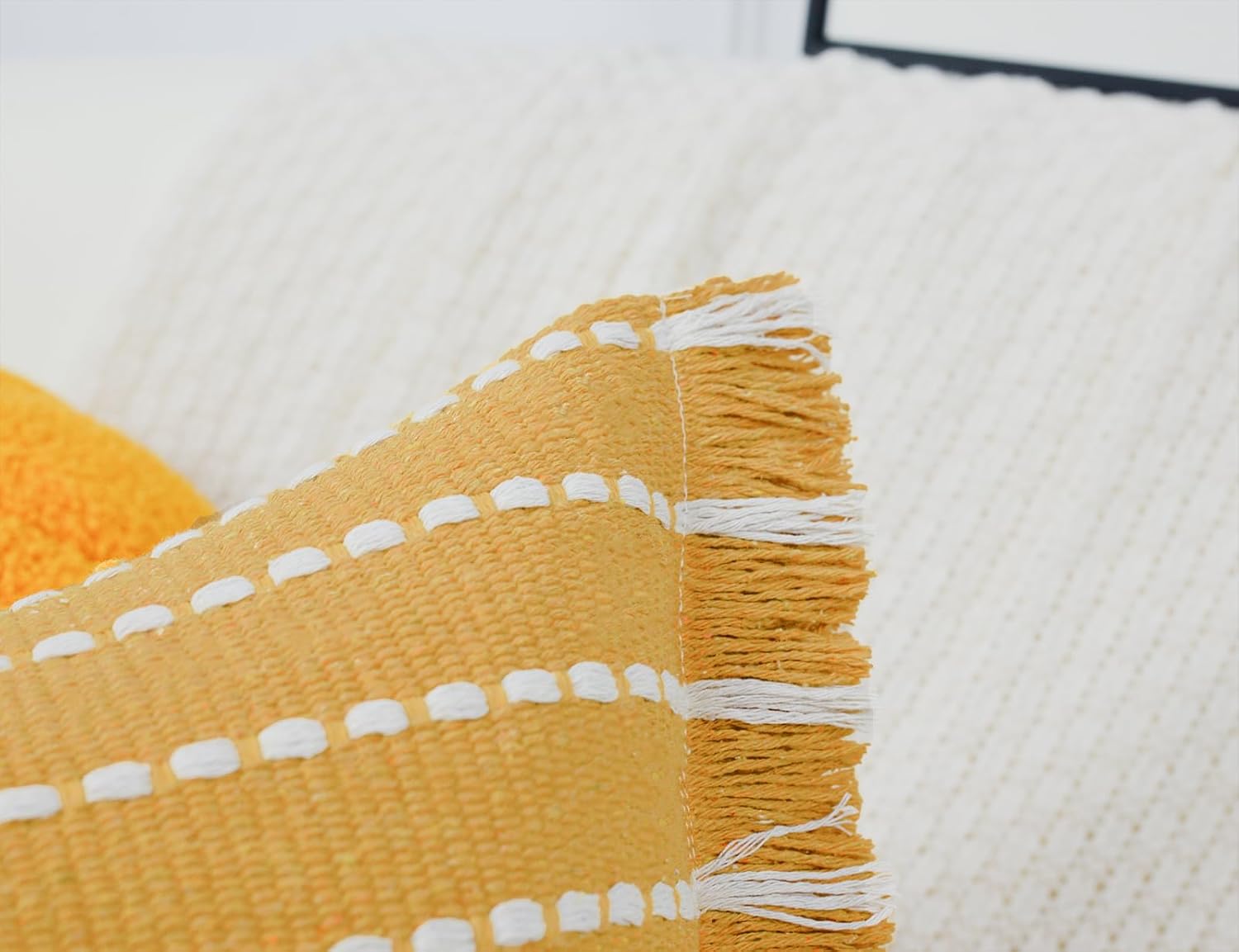 Decorative Farmhouse Fringed Long Lumbar Throw Pillow Cover 16 x 26,Clasic Striped Textured Cotton Boho Decor Long Lumbar Pillow Cover Pillow Case for Sofa Couch Bed,Yellow and White