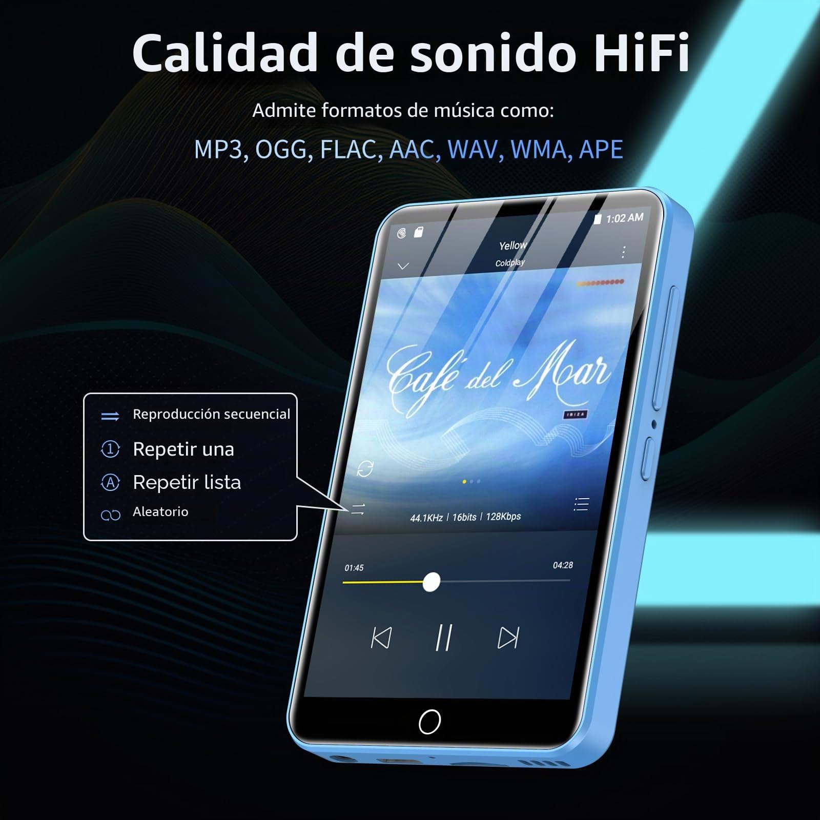 Reproductor MP3 con Bluetooth y WiFi, ZAQE 80 GB de Memoria y Sistema operativo Android, Pantalla táctil de 4 Pulgadas, música de Spotify, Altavoz Integrado,Reproductor MP4 para niños (Blue)