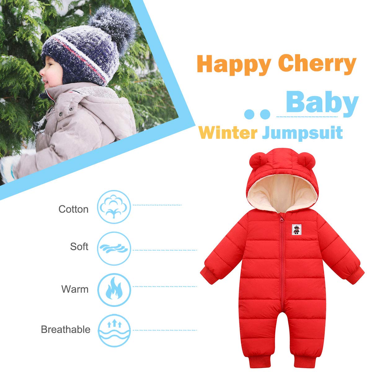 Happy Cherry - Bébé Combinaison de Neige Hiver Vêtement de Ski Fille Garçon Barboteuses Chaud à Capuche Grenouillère Manteau Manche Longue Enfant Jumpsuit Plein Air Imprimé Mignons - 0-36 Mois