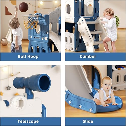 Miniatura 2 de XJD Tobogán 5 en 1 para niños pequeños de 1 a 3 años, juego para interiores y exteriores con aro de baloncesto y pelota, espacio de almacenamiento