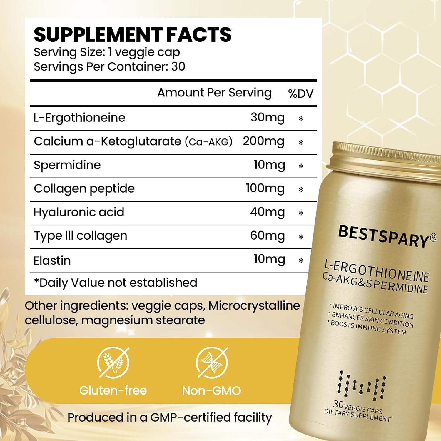 L-Ergothioneine, Antioxidant Dietary Supplement, Promotes Cellular Health, Skin Care, Brain Health, Maintains Bone Health, Enhances Immune System, Gluten-Free, Non-GMO, 30 Vegetarian Capsules - Image 2