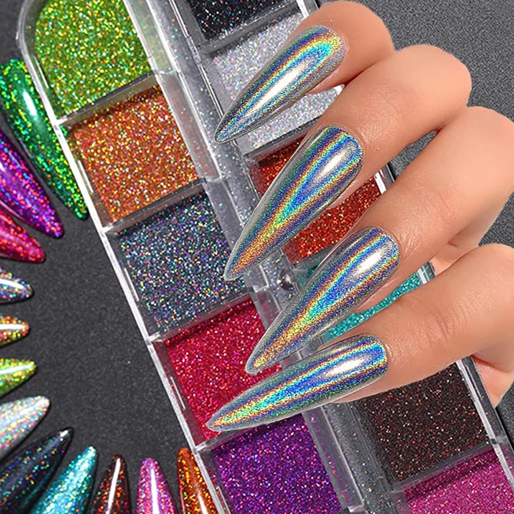 Holographic Nail Powders Laser Shining Glitter Powder Nail Art Supplies 3D Nails Glitter Nail Art Pigment Glitter Dust Powder Set for Nails Art