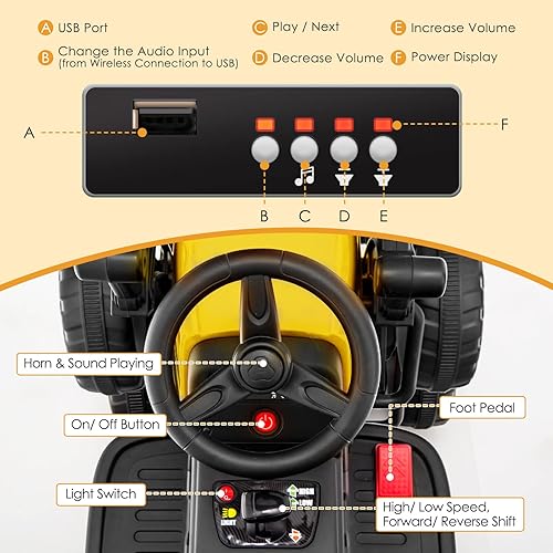 Miniatura 4 de HONEY JOY Coche de paseo eléctrico de 12 V con control remoto, tractor de batería para niños pequeños con rodillo de tambor ajustable, bocina y