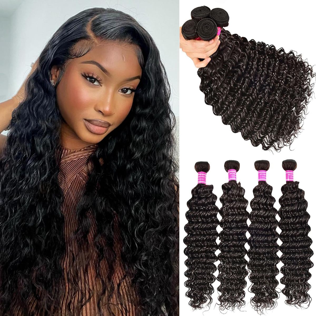 Deep Wave Bundles Brazilian Virgin Wave 4 Bundles 22-28 Inch Wet and Wavy Raw Human Hair Bundles Quick Weave Hair Extension