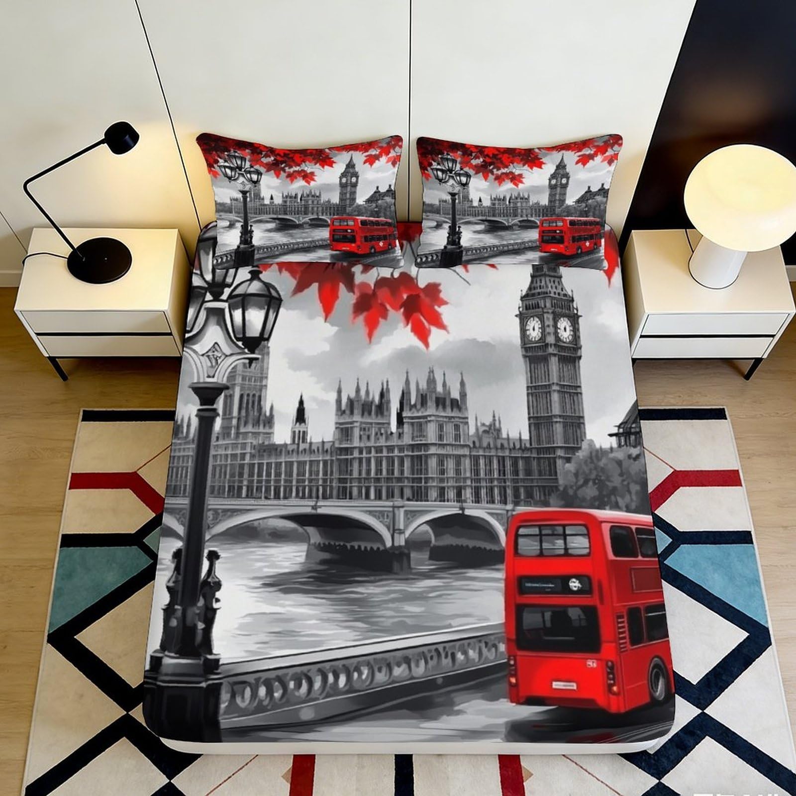 Dhbaneiok Style-8 3D Printed London Red Bus Fitted Sheet Microfiber Soft Black White Cityscape Mattress Cover For Bedroom Decor 90X200x25cm