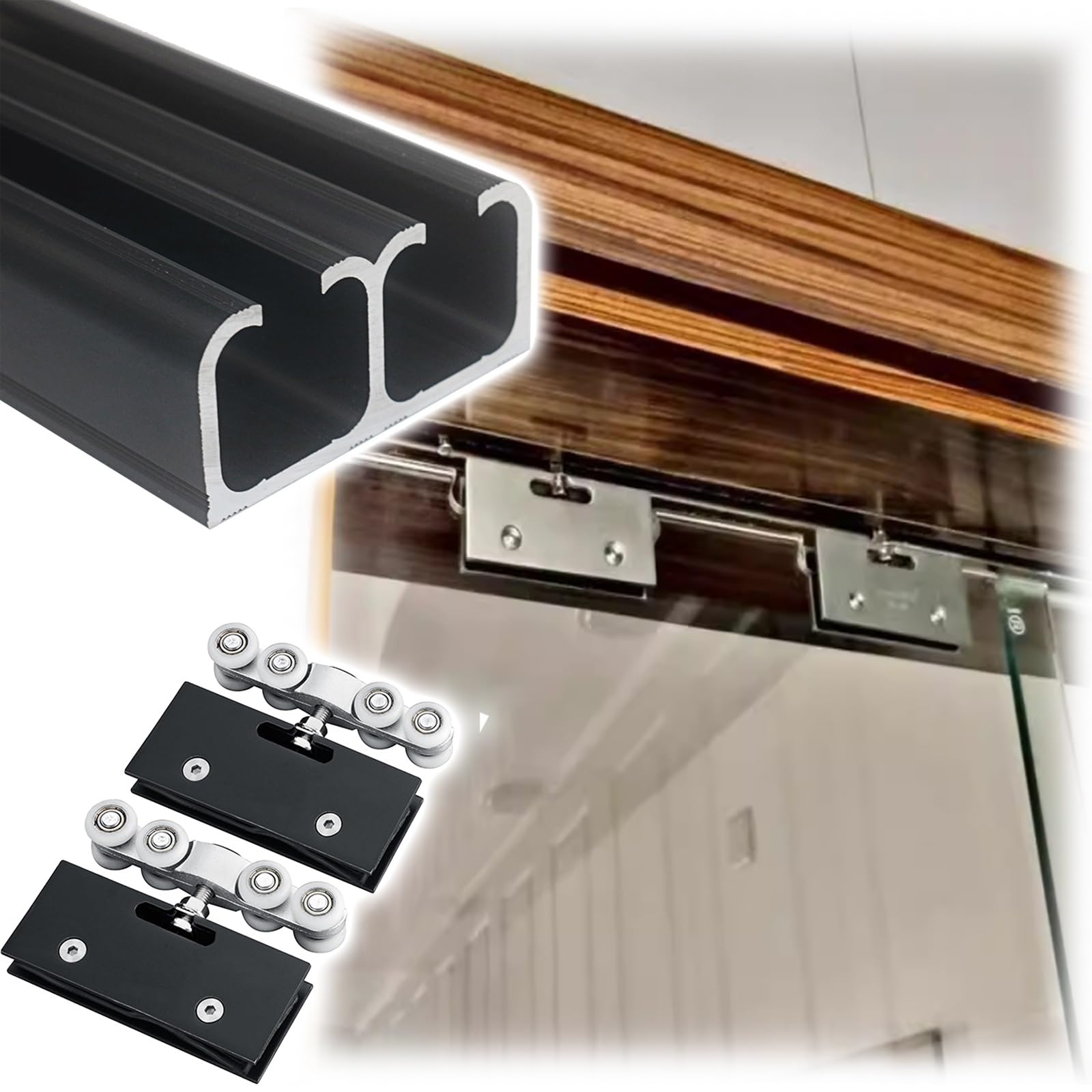 Kit de riel para puerta corredera, guía de aluminio de doble riel para un funcionamiento suave y silencioso, guías de montaje superior para puertas de vidrio acrílico, 1-6 metros