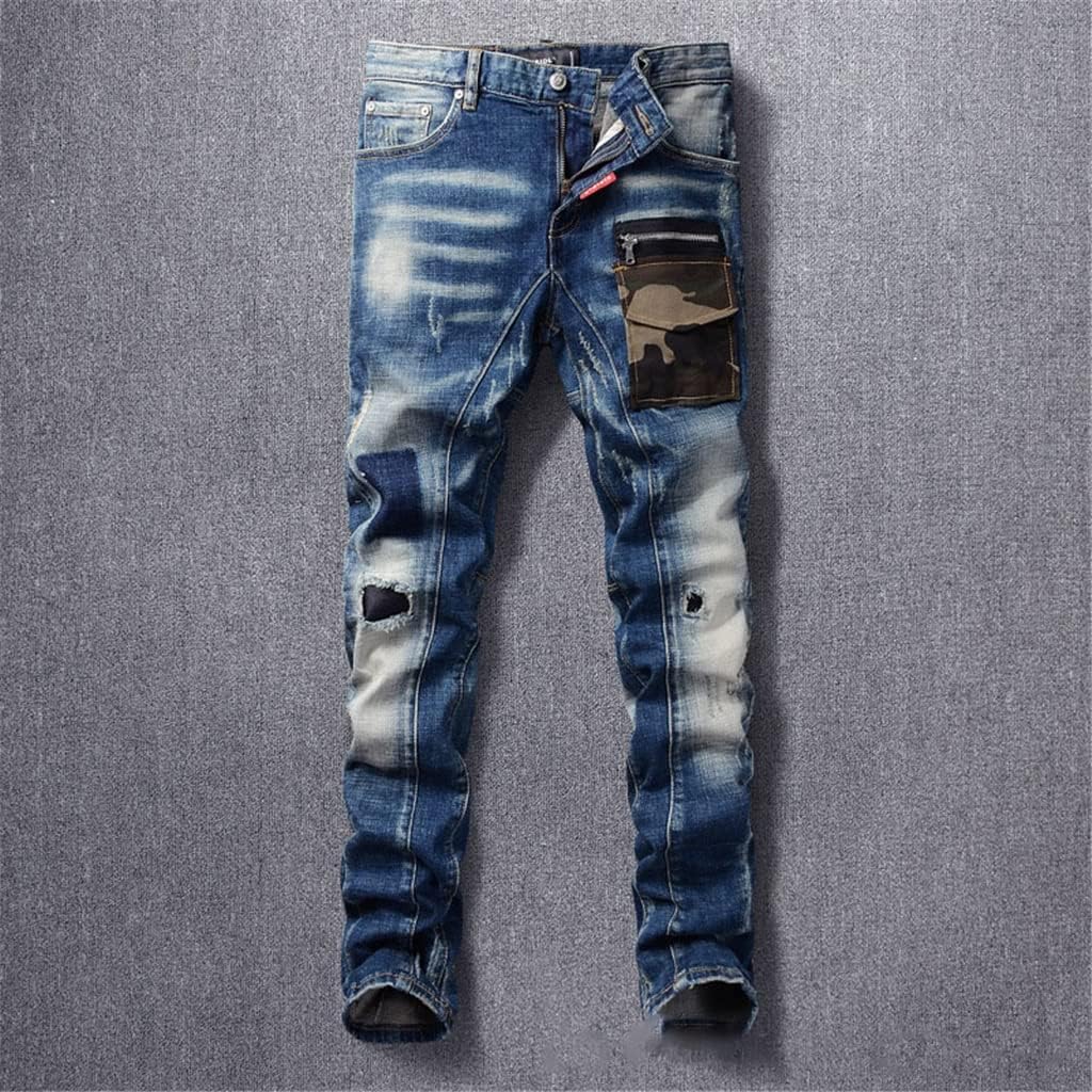 Men's Ripped Hole Jeans Multi Pockets Patchwork Stretch Slim Denim Pants Streetwear Beggar Trousers
