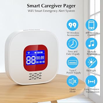 Personal Alarms for Elderly, WiFi Smart Panic Alarm, Wireless Caregiver Pager Elderly Monitor, 1 Receiver and 2 Call Button, Compatible with Tuya/Smart Life APP (Only Supports WiFi 2.4GHz )