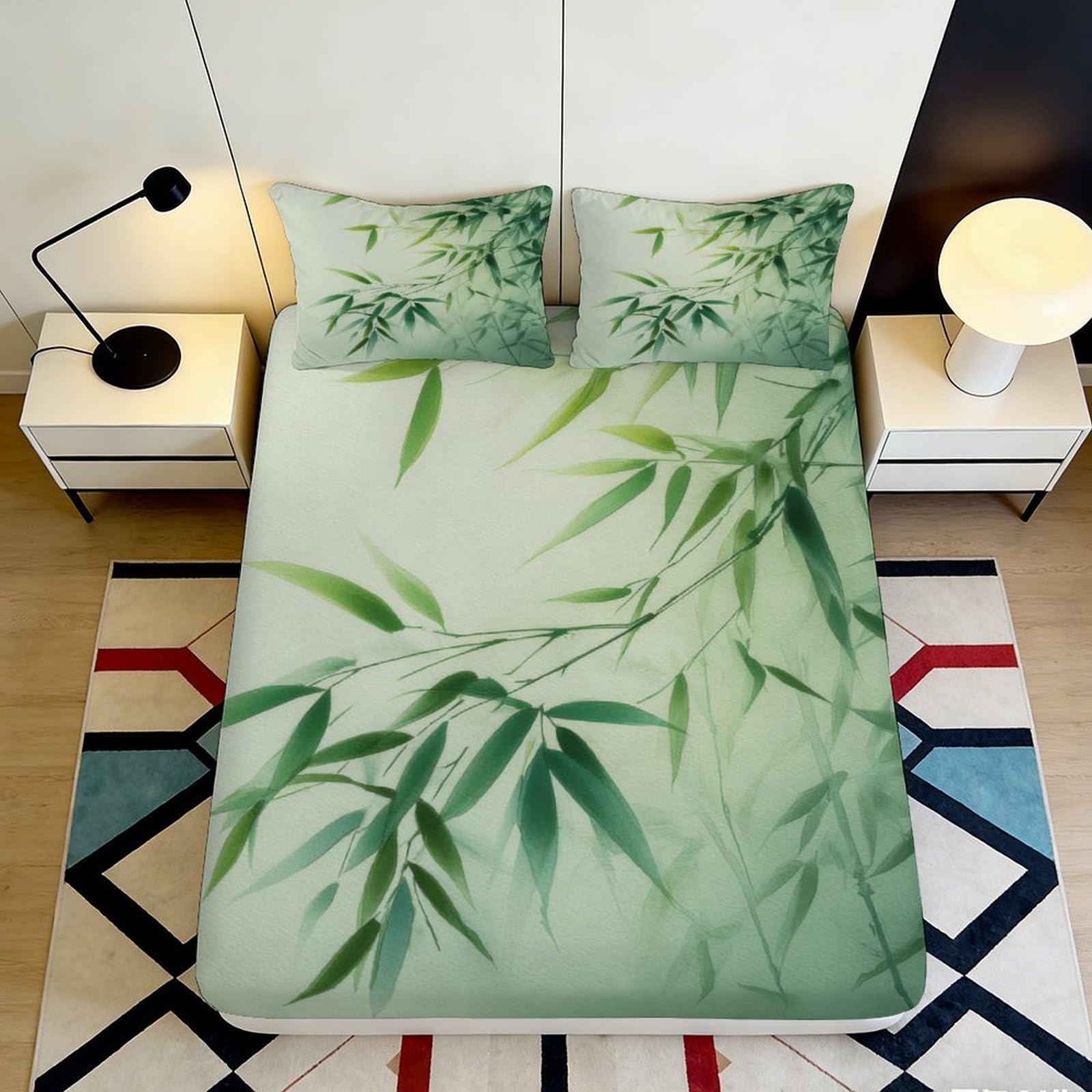 Jqzkxnhpbr Style-8 3D Printed Green Bamboo Leaf Fitted Sheet Microfiber Soft Anti-Slip Mattress Cover Bedroom Decor Easy Care 90X200x25cm