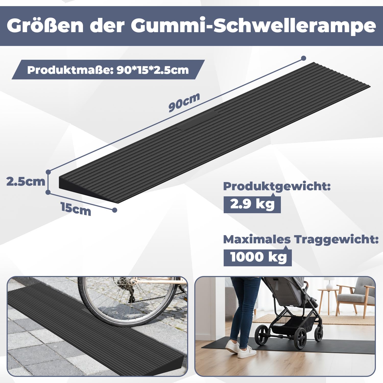Rampa progowa do drzwi, 90 x 15 x 2 cm, rampa dla wózków inwalidzkich z pełnej gumy do 1,5 t, z dwustronną taśmą klejącą