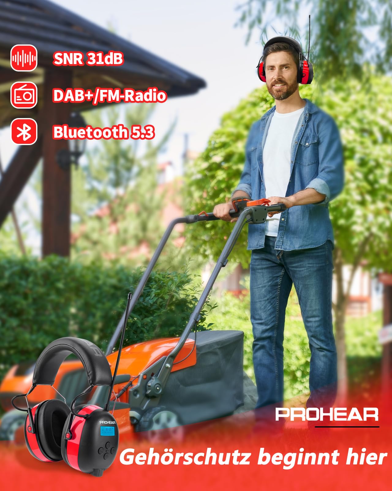 PROHEAR 033A Cascos Antiruido Bluetooth, Protección Auditiva con Radio FM/AM y Micrófono Integrado,USB-C Recargable Orejera,Cascos Insonorizacion para Césped Talleres Carpinteros,SNR 31dB-Rojo