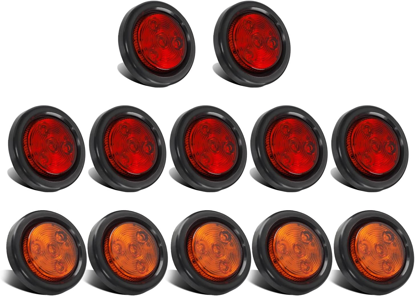Partsam 12Pack(5 Amber + 7 Red) 2" Led Round Side Marker Light Grommet Flush Mount 4LED, Sealed 2 Round led Marker Lights Truck Trailer with Reflex Lens, IP67 Waterproof