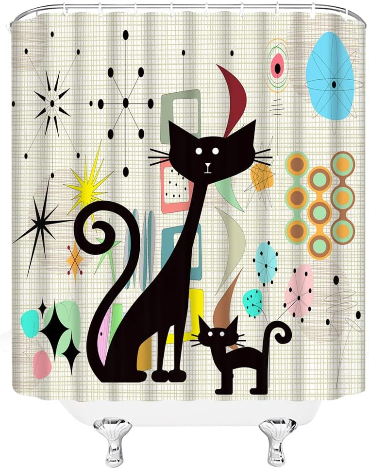 Mid Century Atomic Black Cat Shower Curtain Retro ​Atomic Stars ​Abstract Iconic Cute Animal 1950s 1960s Vintage Geometric Fabric Bathroom Decor Curtain with Hooks