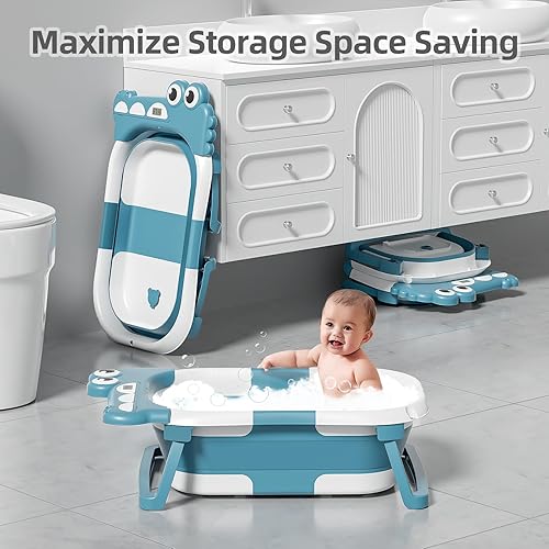 Miniatura 75 de MoreFeel Bañera plegable para bebé recién nacido con termómetro y 1 toalla con capucha y 1 cojín flotante suave, bañera de viaje portátil con Azul