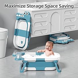 MoreFeel Collapsible Baby Bathtub for Newborn with Thermometer & 1 Hooded Towel & 1 Soft Floating Cushion,Portable Travel Bathtub with Drain Hole, Durable Foldable Baby Tubs for Infants to Toddler