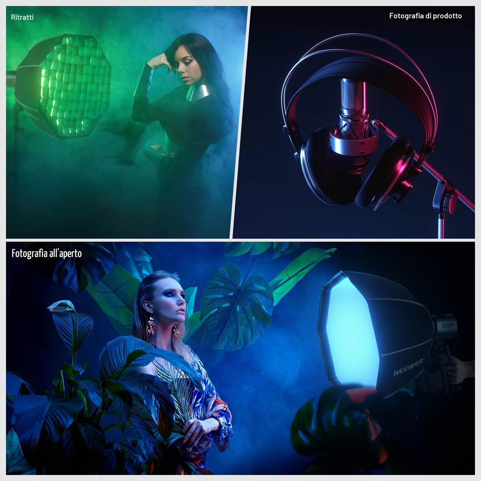 NEEWER Softbox Ottagonale 50cm con Attacco NEEWER (Non Attacco Bowens), Octabox Softbox Pieghevole con Diffusore Luce a Nido d'Ape/Griglia per Luce Video LED Studio MS60 MS60B MS60C MS150B, NS4P