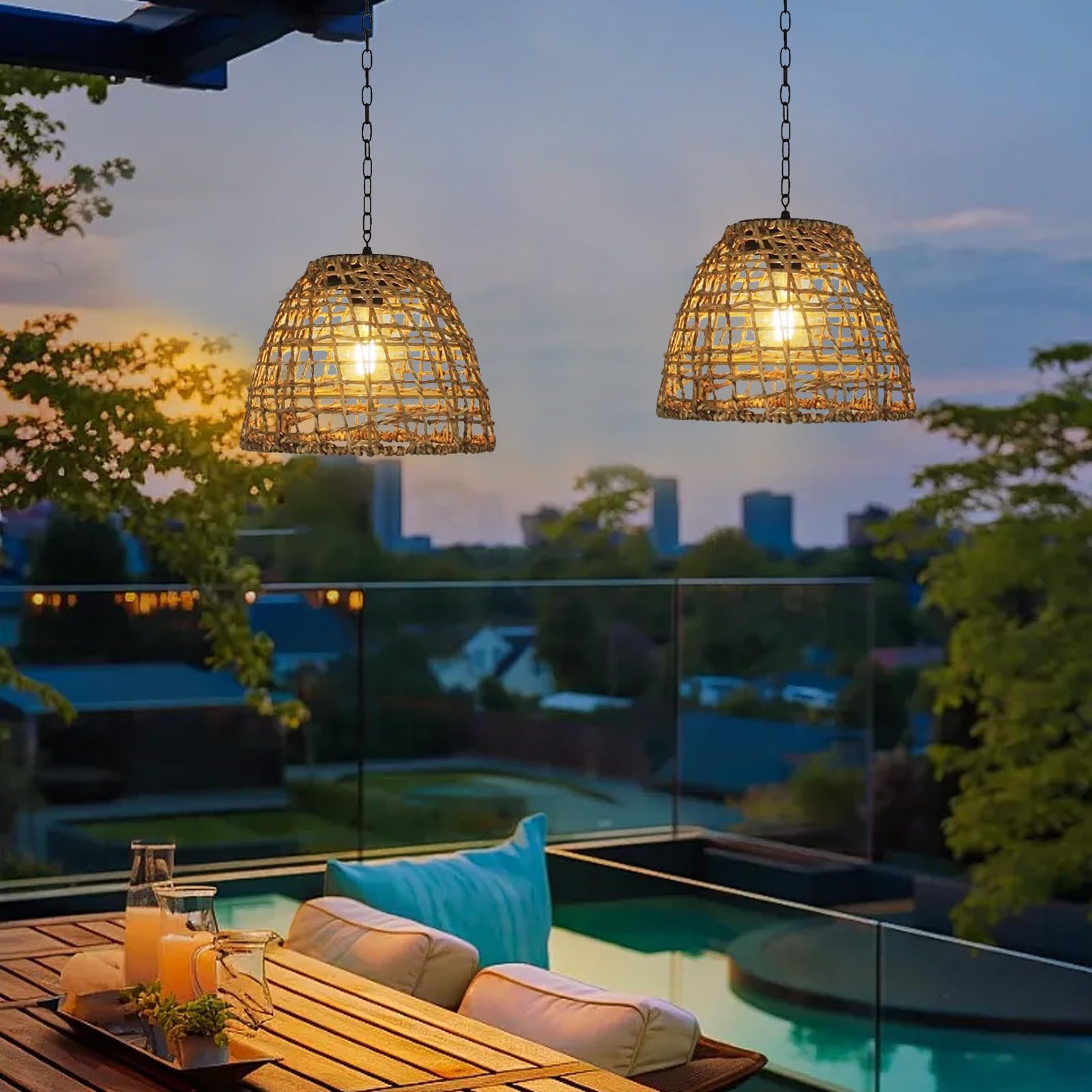 Pearlstar Solar Hängelampe Außen Solar Laterne Seetang Garten Deko Wetterfest Pendelleuchte Balkon Terrasse