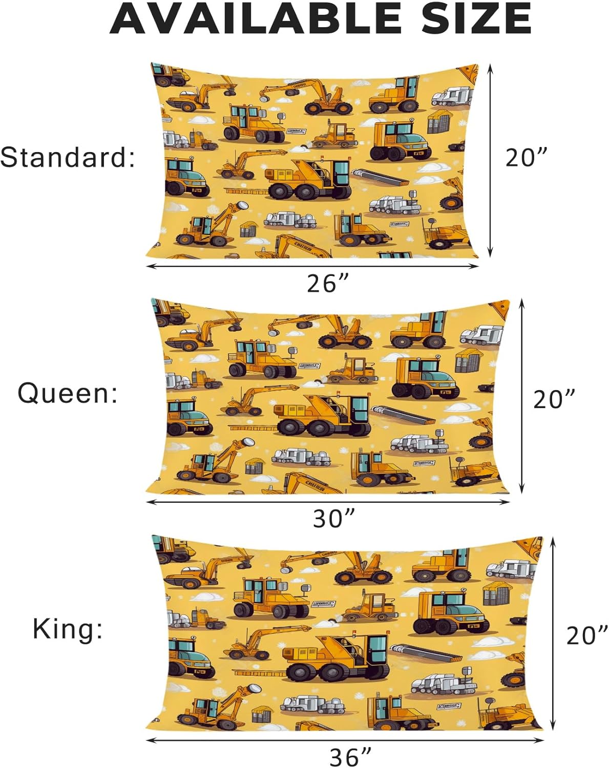 Construction Car Pillow Cases Standard Size Set of 2 - Soft Breathable Pillowcases with Envelope Closure, Cartoon Excavator Truck Patterned Pillow Covers, Construction Decor for Boys Room