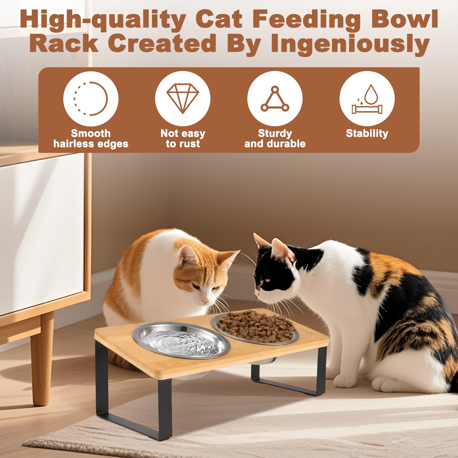 Comedero Gato Elevado con Soporte Bambú & Antideslizante Alfombrilla, Cuencos Perro 250ml Acero Inoxidable Dos, Soporte Madera Inclinado 15º, Comederos para Gatos y Perros Pequeños