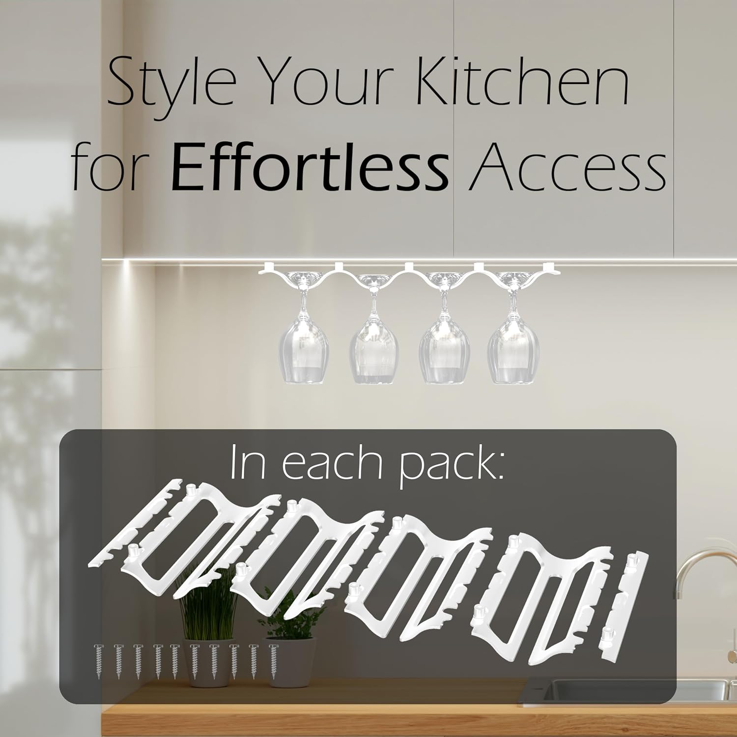 Bariboo Wine Glass Storage Case – Hang 8-12 Glasses on Your 18.7 x 9 x 1.7 In., Dust-Free Holder – Under-Shelf & Under-Cabinet Wine Glass Holder Rack with Assembly Manual & Video (White)