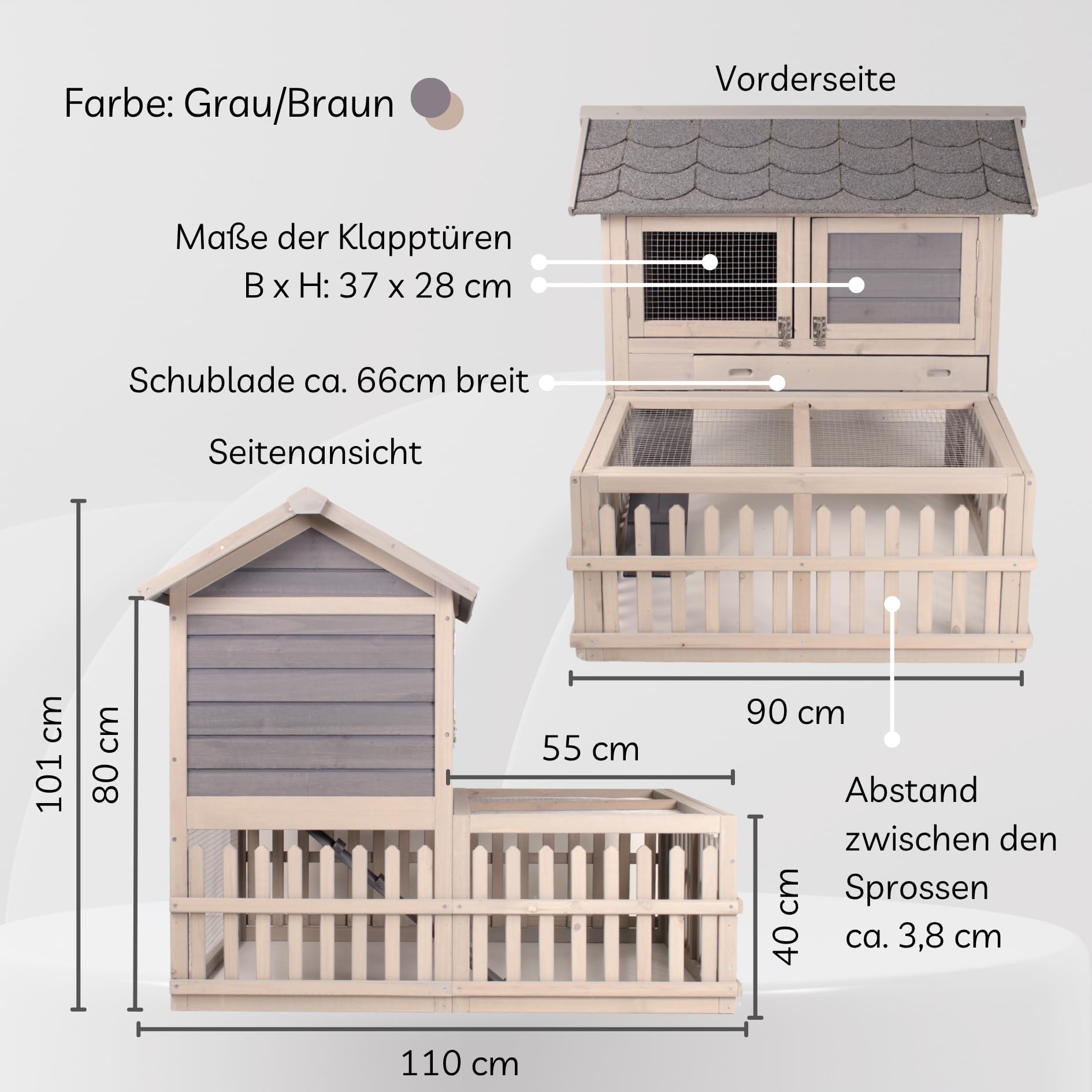 Kaninchenstall für draußen, grau/braun | Robuster Kaninchenstall für draußen mit wetterfester Lasur und sicherem Rückzugsort für eine artgerechte Tierhaltung.