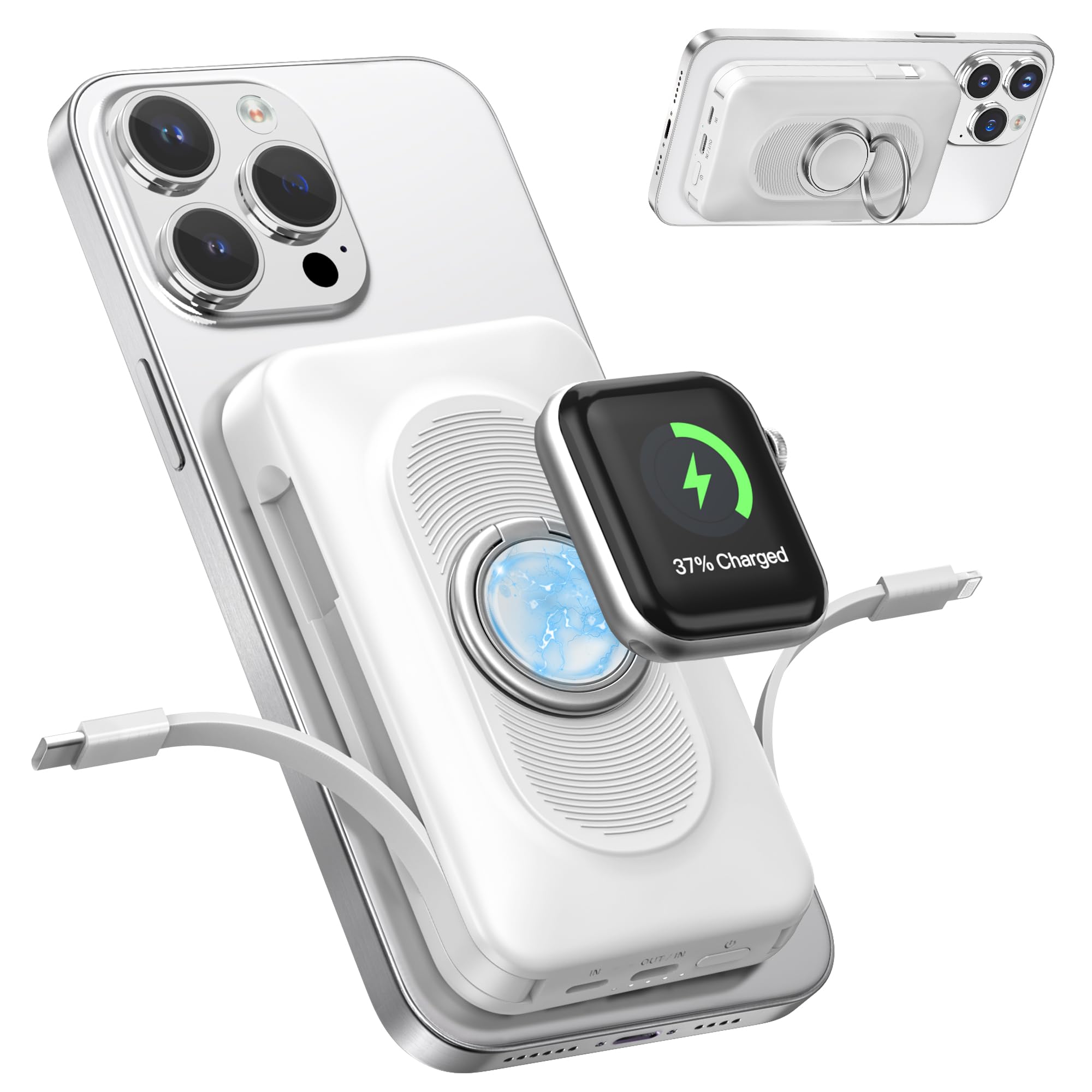 Powerbank 5-IN-1 con 2 Cavi, 10000mAh Power Bank Magnetico Wireless con Morsetti e Supporto, Cavo Ricarica Rapida Batteria Esterna, per iPhone 17/16/15/14 Serie iWatch Viaggi Campeggio Outdoor