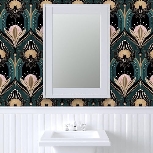 Vista 9 de Papel Pintado de Pelar y Pegar Spoonflower 3.66m x 0.61m - Elegante Arte Deco Murciélagos Flores Azul Verde Oro Negro Rosa 1920S Opulento