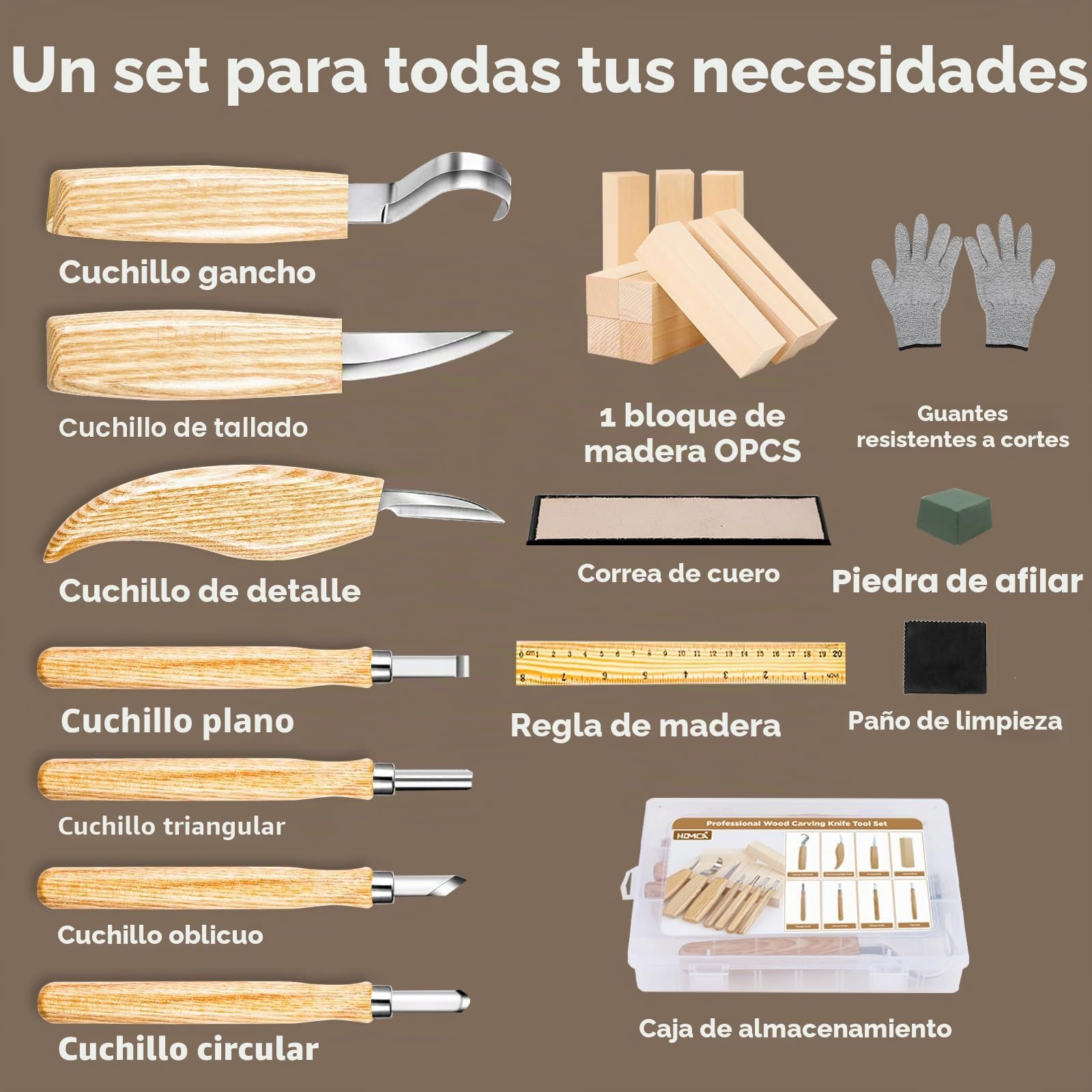 HOMCA Juego de Herramientas para Tallar Madera, 23 en 1, Cuchillo de Madera con Piedras de Afilar, 7 piezas, Juego de Tallado para Adultos y Niños, con Guantes Resistentes a los Cortes registro)