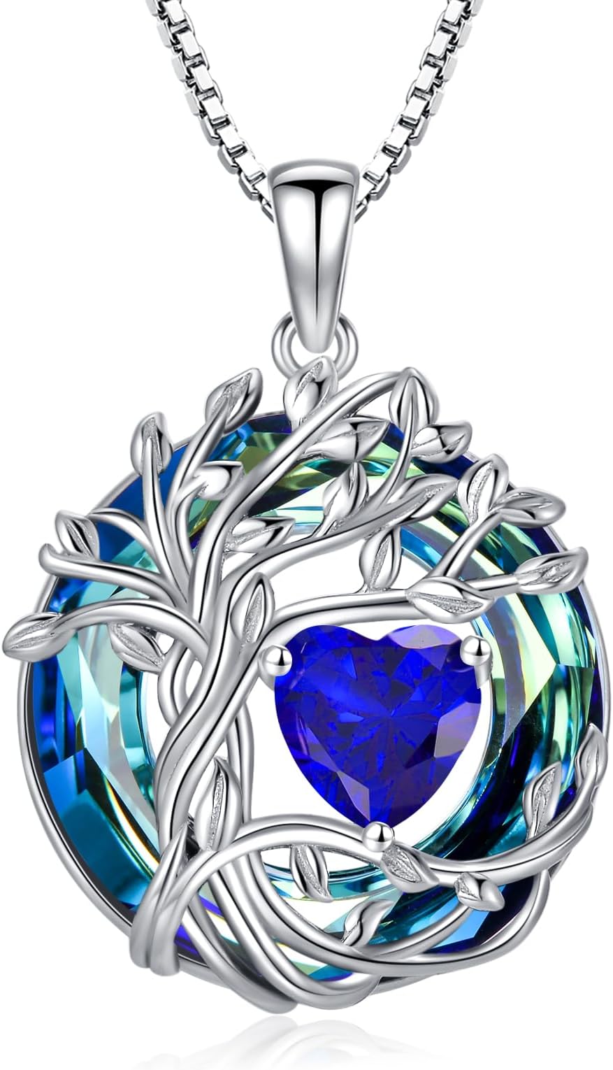 Tree of Life Birthstone Necklace 925 Sterling Silver Pendant Austrian Crystal Jewelry Anniversary Valentine's Day Birthday Gifts for Women Mom Her Wife