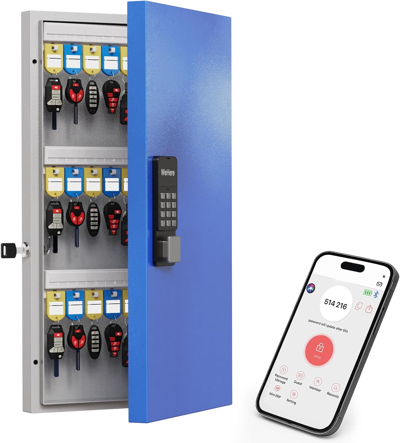 WeHere 16-Key Key Lock Box Wall Mount – Smart Key Cabinet with App, Keypad, Bluetooth & WiFi Unlock (Sold Separately), Key Organizer for Home, Access Log Tracking Key Management for Small Office