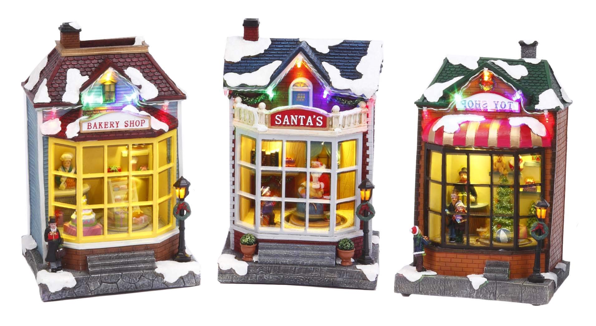 The Gerson Companies Set of 3 15" Electric LED Lighted Animated Musical Store Front Christmas Figure 2420110