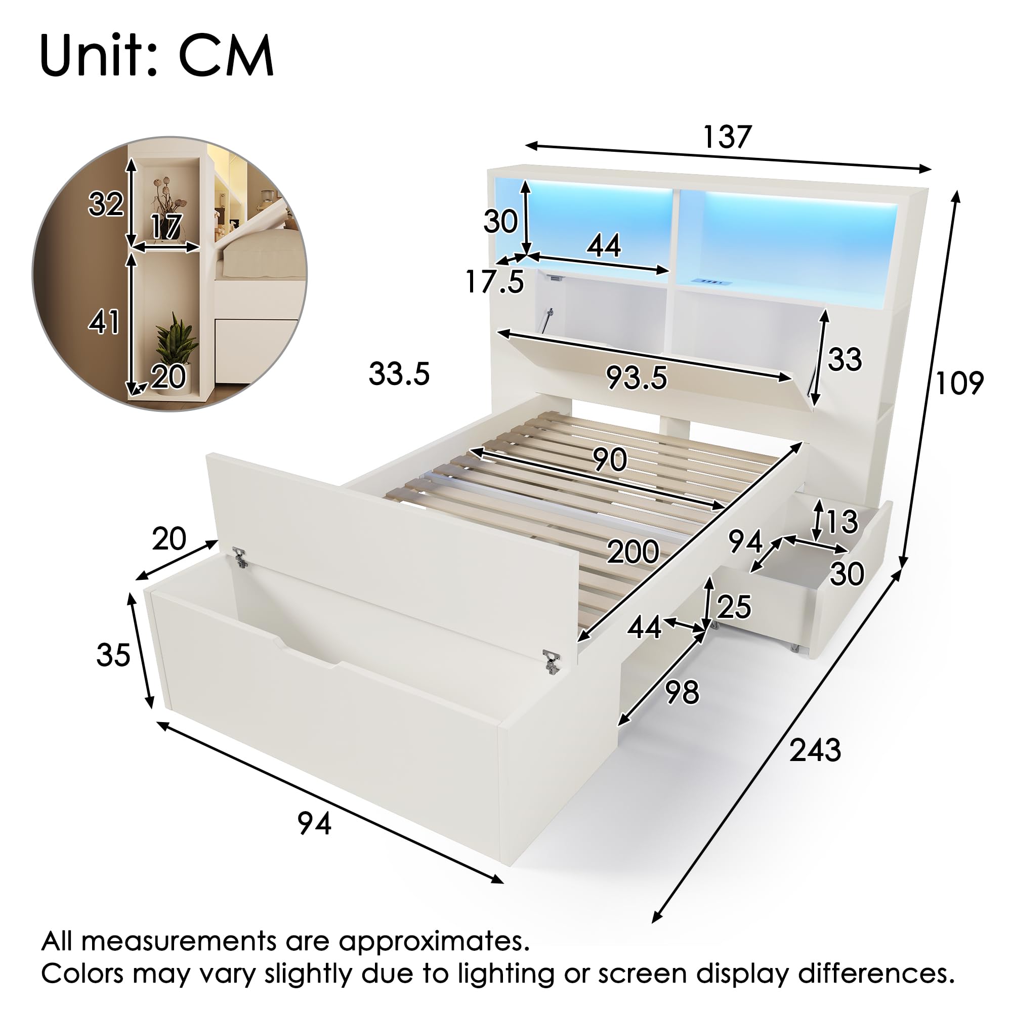 Gecheer Letto Singolo con Contenitore, Struttura in Legno con Luci LED, Porte USB, Cassetti, Panca, Ripiani, Rete a Doghe, 90x200 cm, Bianco, per Cameretta Bambini e Ragazzi
