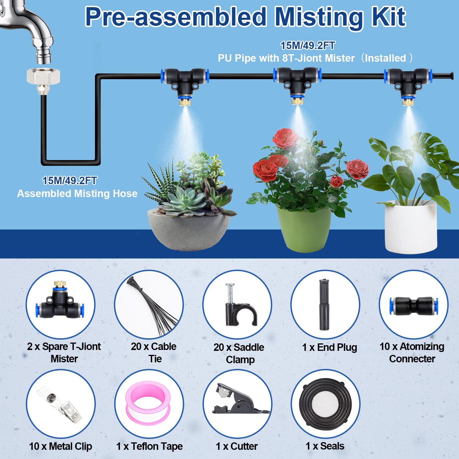 15M AGPTEK Kit de riego sistema de nebulización, 79PCS con 15 boquillas de niebla con junta en T, sistema de refrigeración exterior por niebla, nebulizador para terraza, jardín