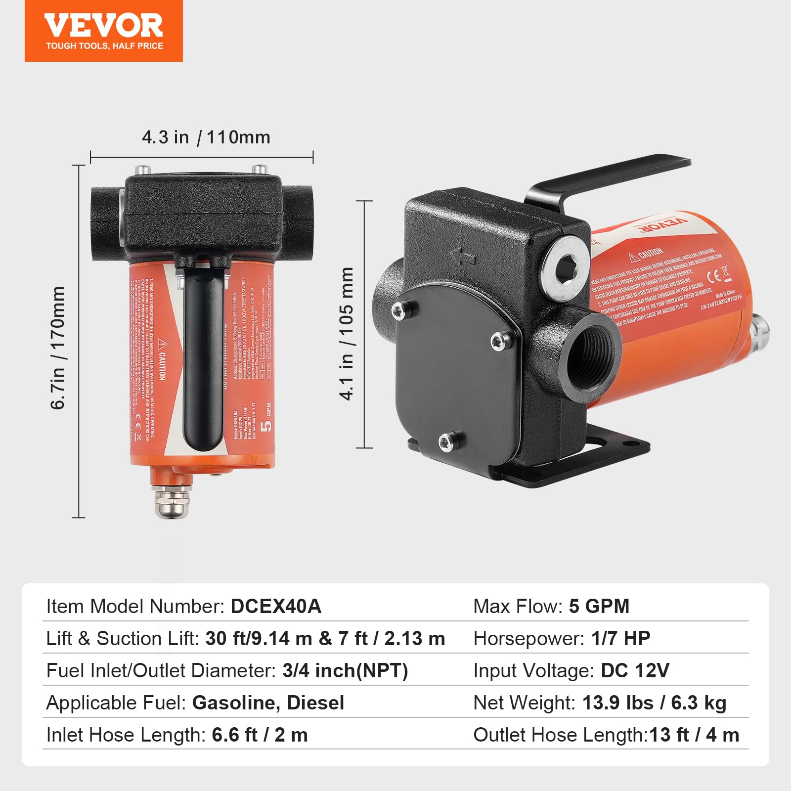 VEVOR Pompa di Trasferimento Carburante, 12 V CC 5 GPM 1/7 HP, Pompa Elettrica Portatile con Ugello Carburante, Spegnimento Automatico, Tubo Flessibile Lungo per Benzina Diesel Miscele di Metanolo