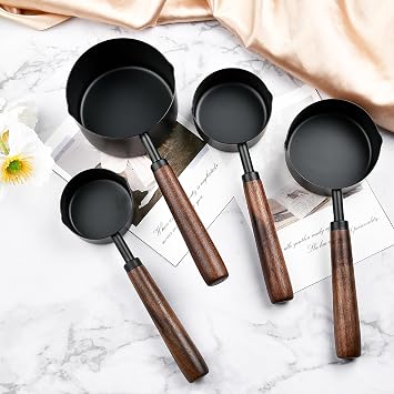 4Pcs Measuring Cups with Wooden Handle, Black Stainless Steel Measuring Cups Scoops Set, Dog Food Scoop for Kitchen Flour Spice Seasoning Measurement Cooking (1, 1/2, 1/3, 1/4 Cup)