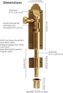 Antique Copper Barrel Bolt Buckle Heavy Duty,Vintage Solid Brass Thickened Door Latch,Furniture Reproduction Restorations Hardware