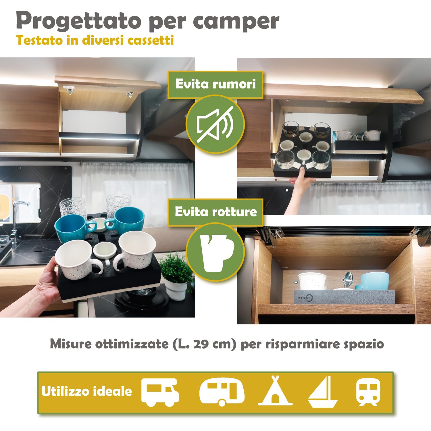 ZENKI Supporto per tazze per camper (8 tazze, 8 cucchiai, 4 cunei di fissaggio), materiale biologico. Per camper, roulotte, barche. Supporto per bicchieri e tazze per roulotte Airstream. Accessorio