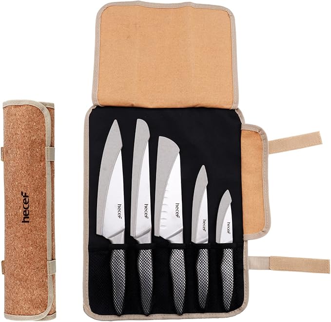 hecef Cuchillos cocina Profesional, 6 Piezas Juego de Cuchillos de Cocina Acero Inoxidable con Bolsa para Cuchillos de 5 Ranuras y Cubiertas Protectoras para Hojas