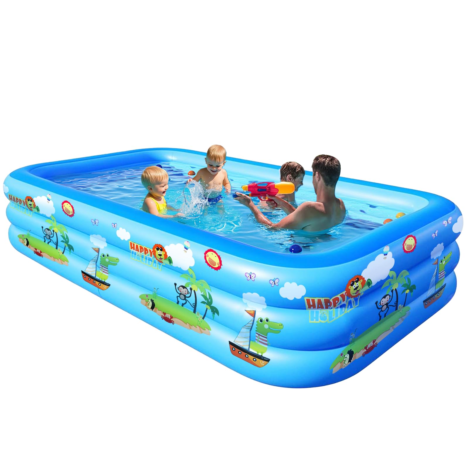 GALAXYER Inflatable Paddling Pool with Cartoon Prints, 3 Rings Large Rectangular Family Swimming Center for Kids Toddlers Adult, Indoor Outdoor Garden Swimming Pool, 400 × 175 × 53 CM — image 1